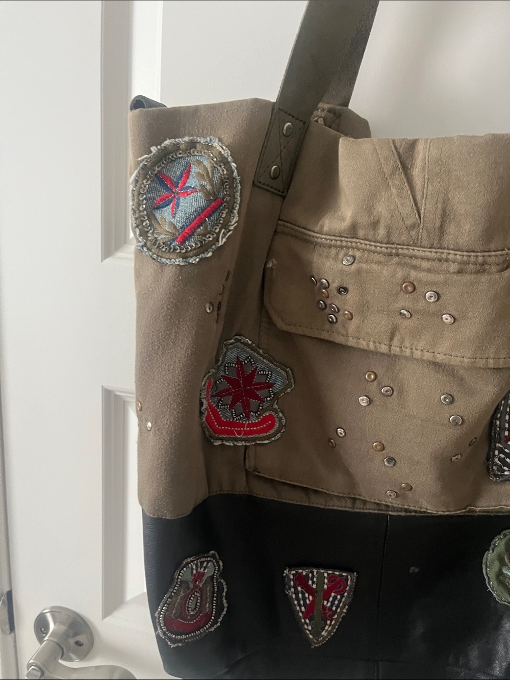 Free People Khaki and Black Patchwork Tote with Embroidered Patches - Picture 8 of 12